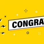 Male hand holding megaphone with congrats speech bubble. Loudspeaker. Banner for business, marketing and advertising. Vector illustration.