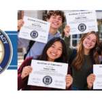 Seal of Biliteracy of Utah logo and photo of teens smiling facing the camera holding up certificates.